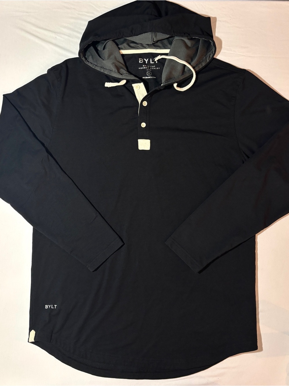 BYLT Drop-Cut Hooded Henley Lux Black Long Sleeve Men’s Large